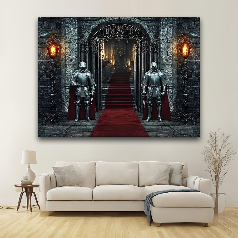 1 piece high-quality polyester Halloween background fabric featuring medieval knight and castle arch design.PMJ