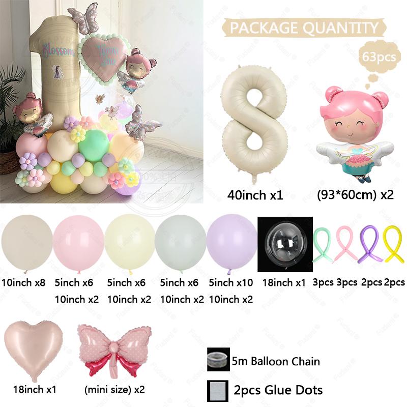 63pcs Flower Fairy Theme Balloon Set with Mini Pink Bow Girl Birthday Party Decoration Wedding Supplies Baby Shower Globos Gifts