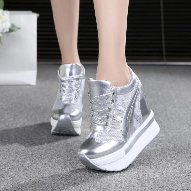 Fashion Women Platform Sneakers 2025 Summer Breathable Mesh Shoes Women Wedges Heels Casual Shoes 11 CM Thick Sole Trainers White Shoes