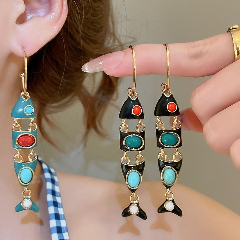 Vintage Ethnic Blue Red Enamel Fish Tassel C Shaped Long Hoop Earrings Women Gold Plated Alloy Casual Party Jewelry