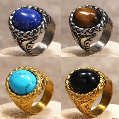 Trendy Men's Titanium Steel Ring Multi-Color Oval Gemstone Woven Texture Stainless Steel Wide Band Gothic Punk Jewelry for Men