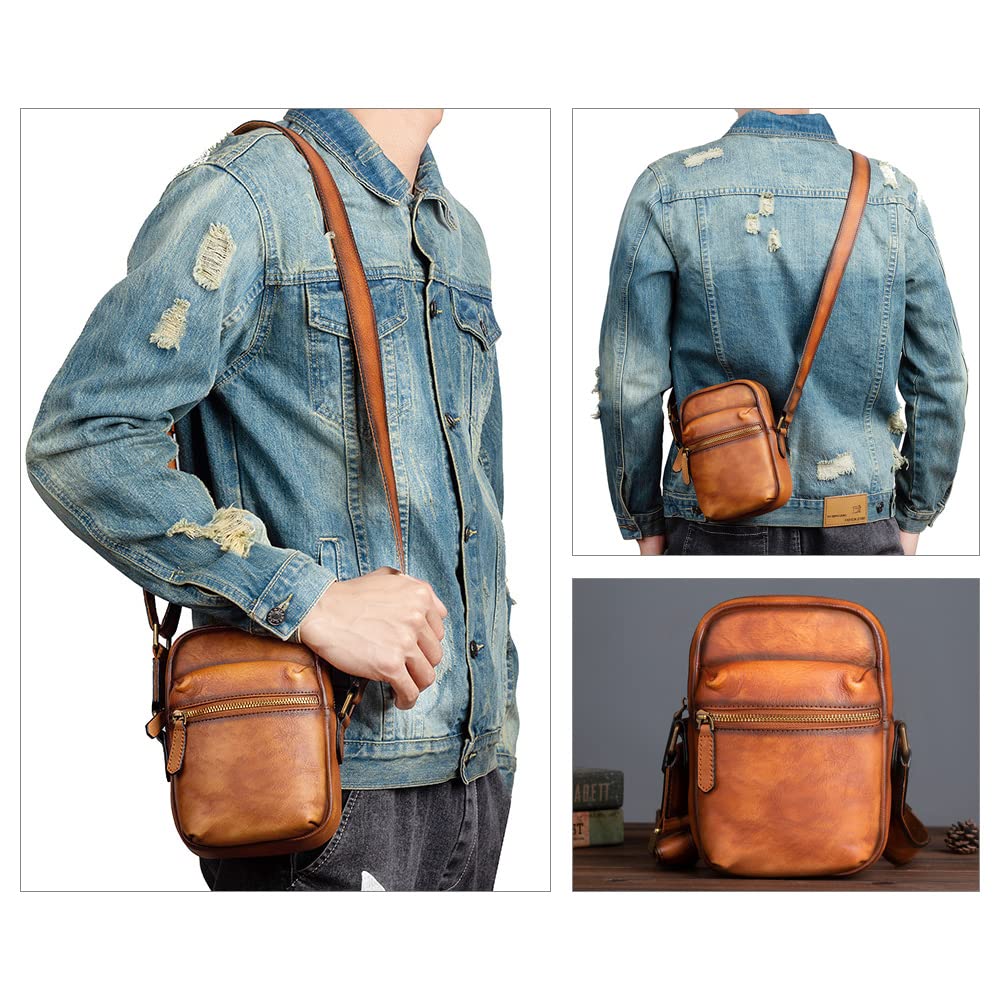 Whatna Tanned Natural Cowhide Leather Mini Shoulder Bag for Small Messenger Shoulder Vertical Fits iPad Horizontal Genuine Crossbody Bicycle 13640