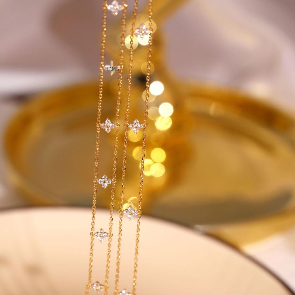 Twin Flowers S925 Silver Double-Layer Four-Leaf Zircon Bracelet - Exquisite & Elegant Gift for Girls