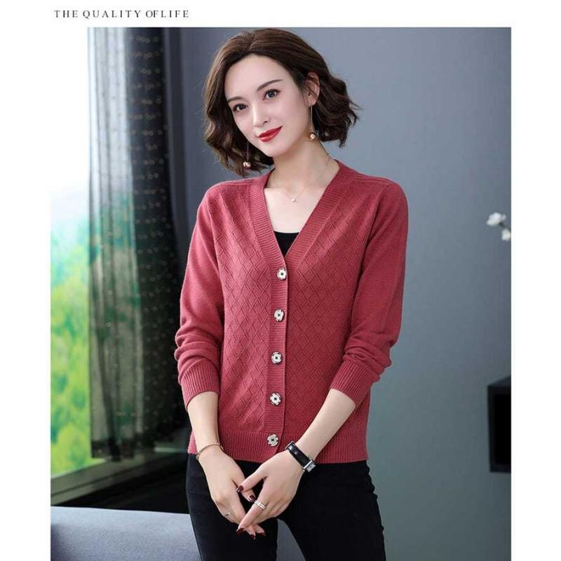 

Women s New Style Spliced V-neck Buttons Fashionable Solid Color Casual Versatile Loose Long-sleeved Knitted Top S красный