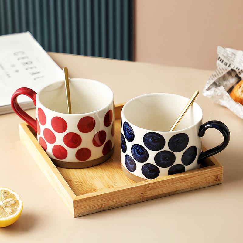 Cute Fruit Polka Dot Ceramic Mug 420ml, Hand Painted Porcelain Coffee Tea Cup, Large Capacity Breakfast Drinking Cup for Daily Use