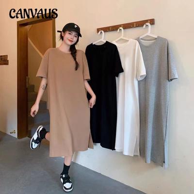 Robe décontractée à manches courtes grande taille pour femme, ample, couleur unie, mi-longue, fendue au genou, été