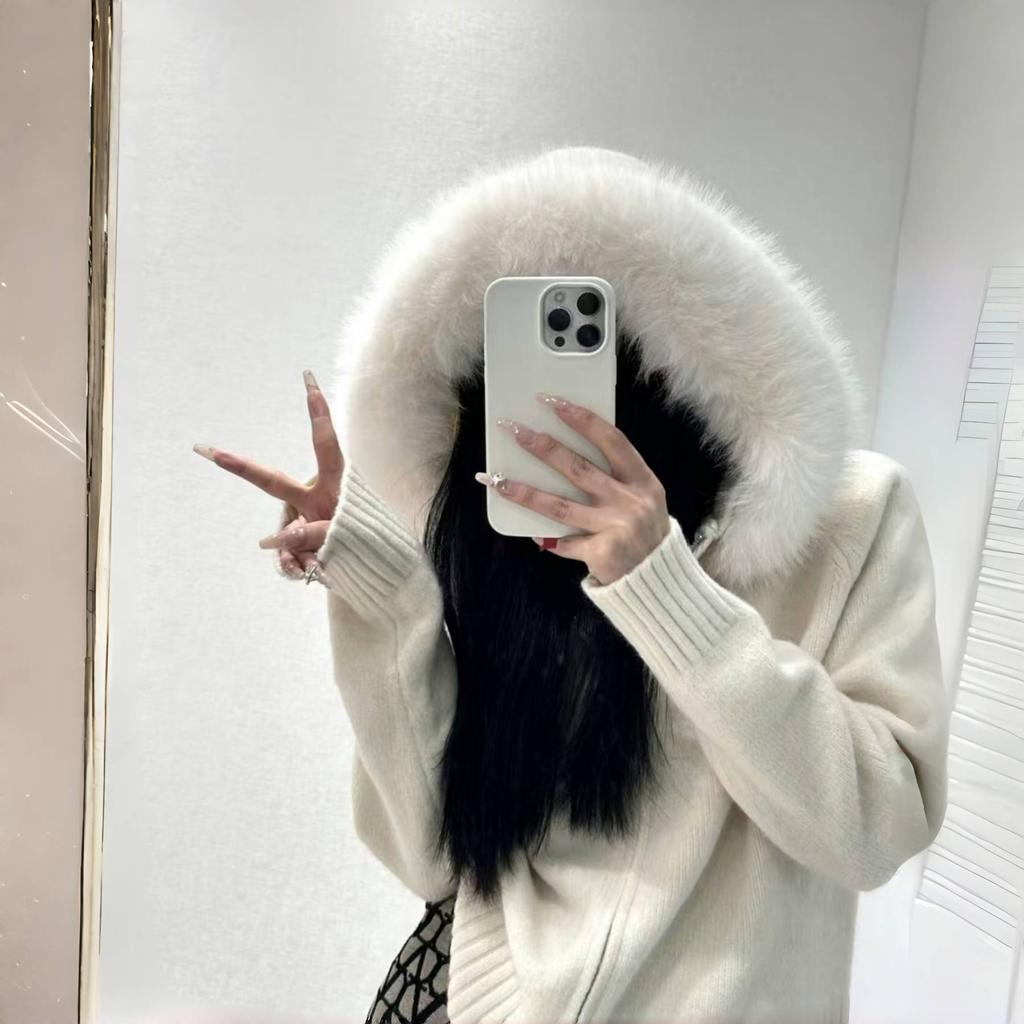 Autumn Winter Casual Hooded Fur Collar Short Knitted Jacket Women's Coat