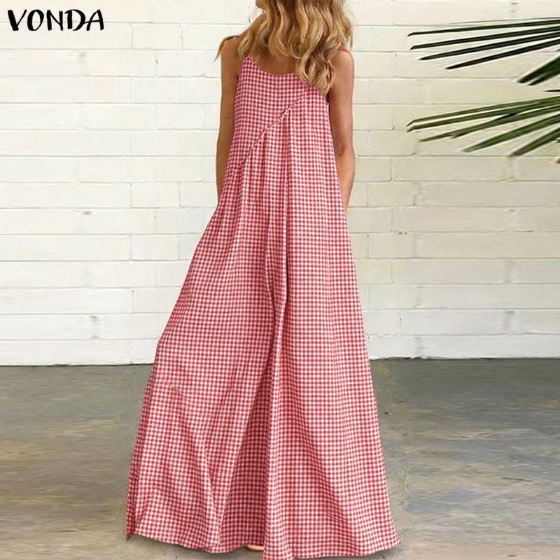 VONDA Summer Women Sleeveless Strap Plaid Print Casual Long Dress Sundress