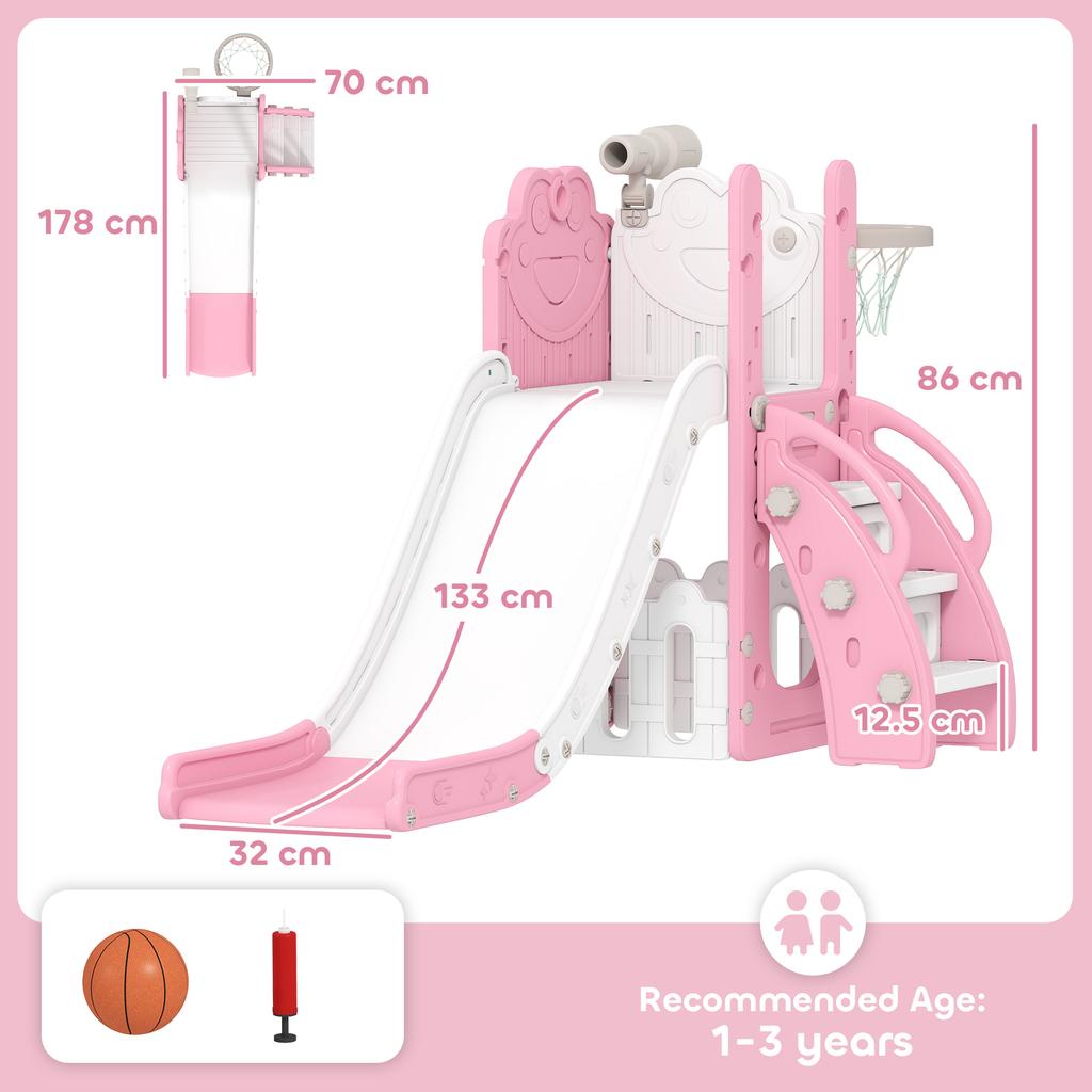 5 In 1 Kids Slide Set with Basketball Hoop, Climbing Frame, Telescope, Storage Box for Toddlers Ages 1-3, Pink