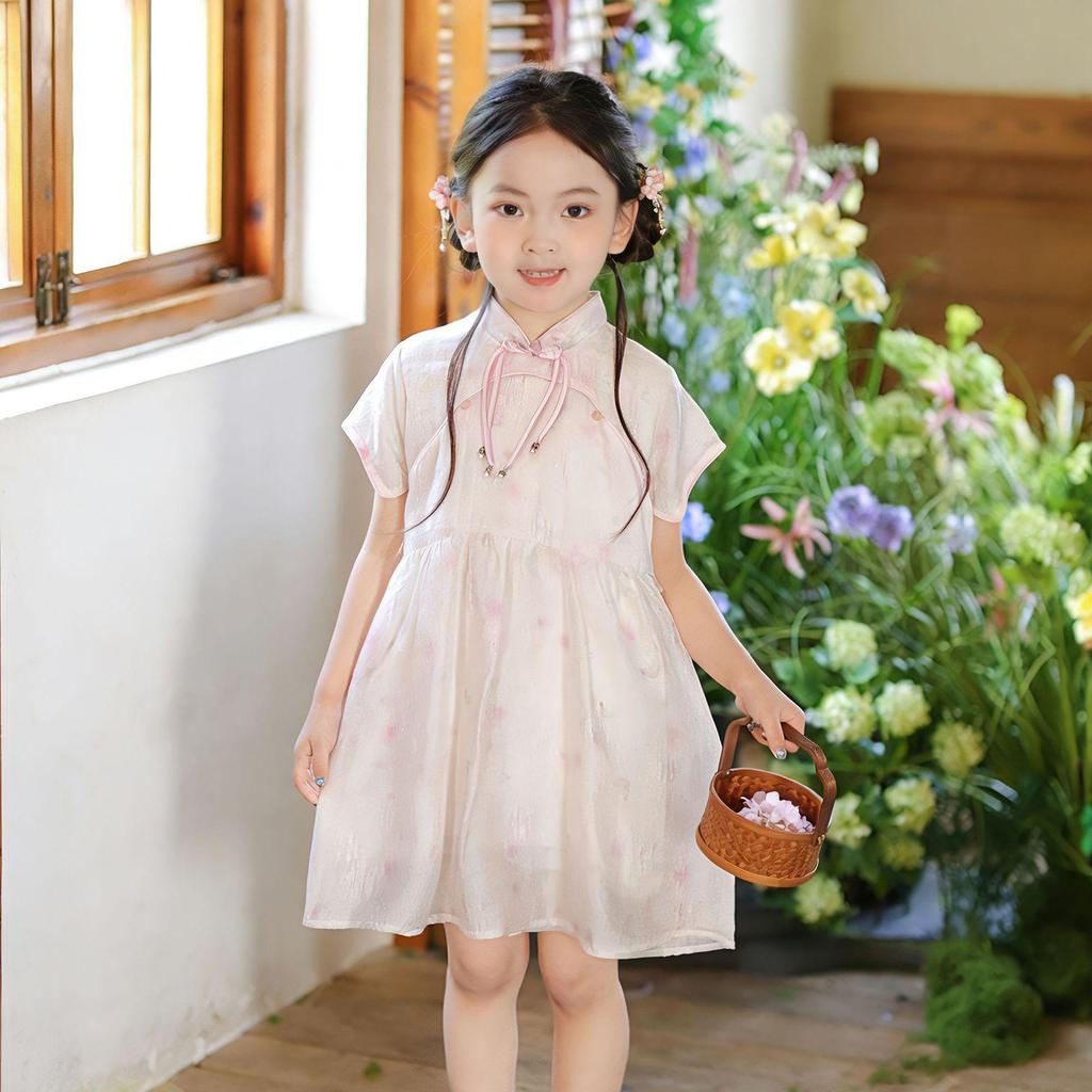 2026 Summer Girls' Lace Qipao Short-Sleeve Hanfu Dress for Kids Fashion Show