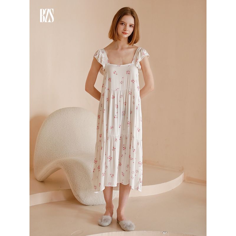 2024 Summer Tribute Satin Sweet Strap Dress Summer Cotton Silk Can Be Outwear Print Nightdress Women's Home Wear Rayon Pajamas