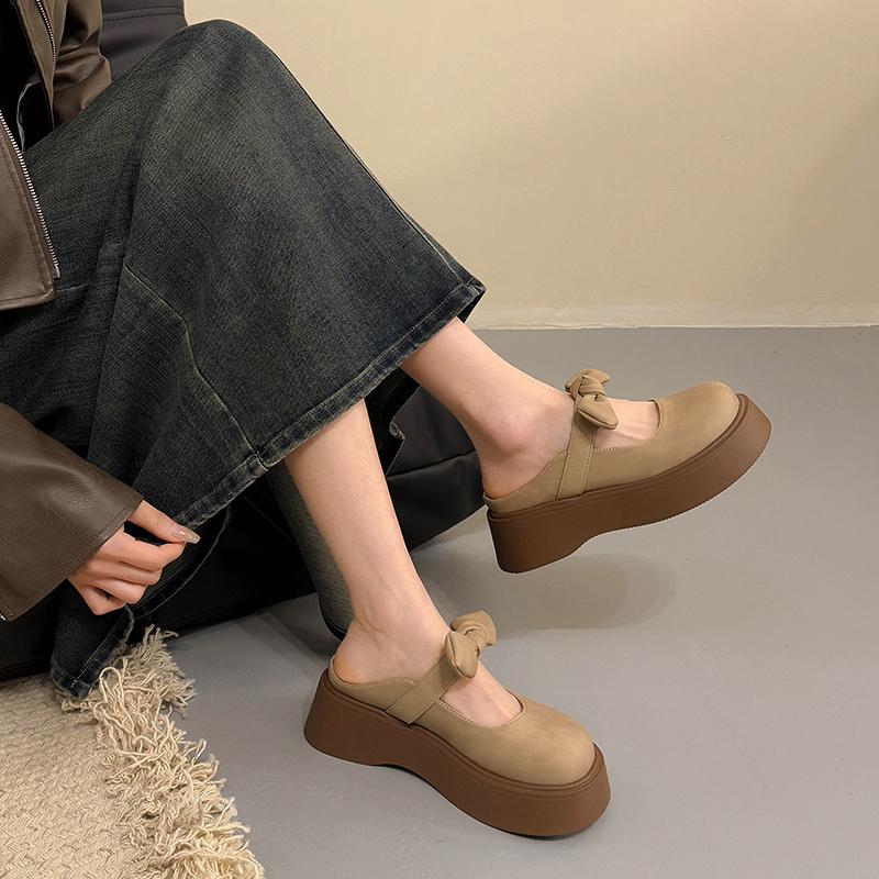 Chinelos de meia sola com laço e sola grossa para mulheres, para uso externo, novidade primavera-verão 2025, sandálias francesas Mary Jane de um pedal