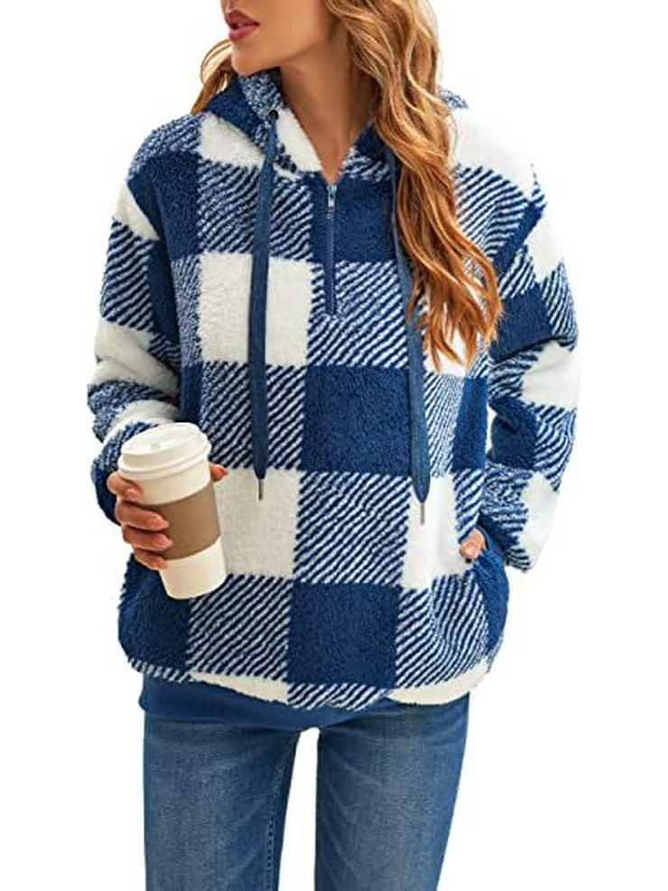 Peluş Kapüşonlu Ekose Mont - Yeni 2025 İlkbahar/Sonbahar Uzun Kollu Model