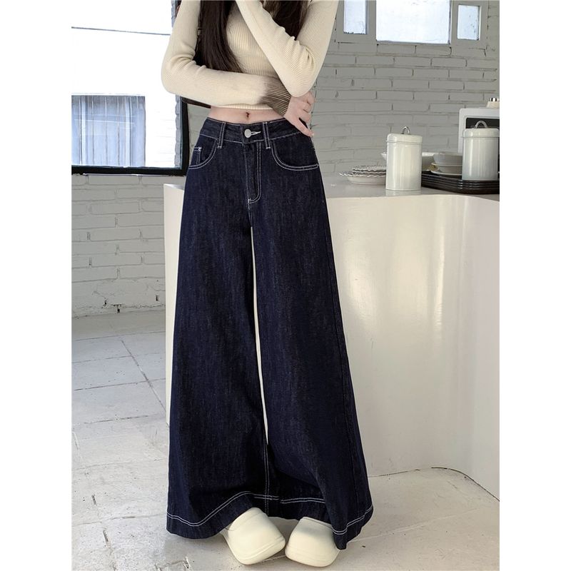

Kumikumi Retro Style Dark Blue Straight Jeans Women Autumn New Small Loose Mop Wide-Leg Pants Dark Blue L
