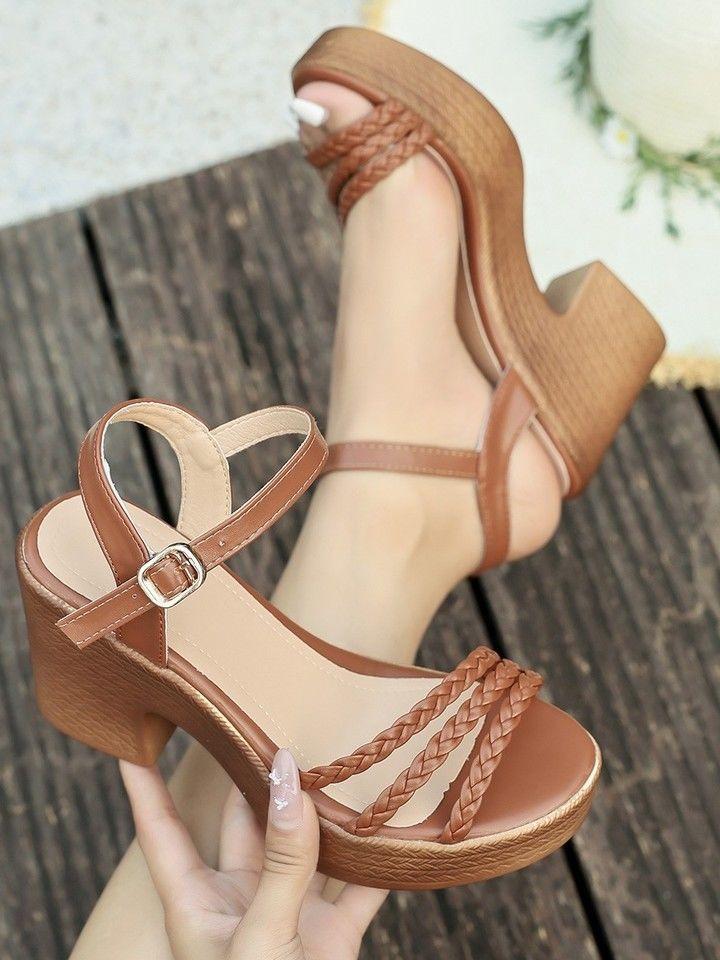 2025 Summer New Thick-soled One-word Fashion Roman Sandals Women's High-heeled Waterproof Table Golden Wedge-heeled Open-toed Women's Shoes