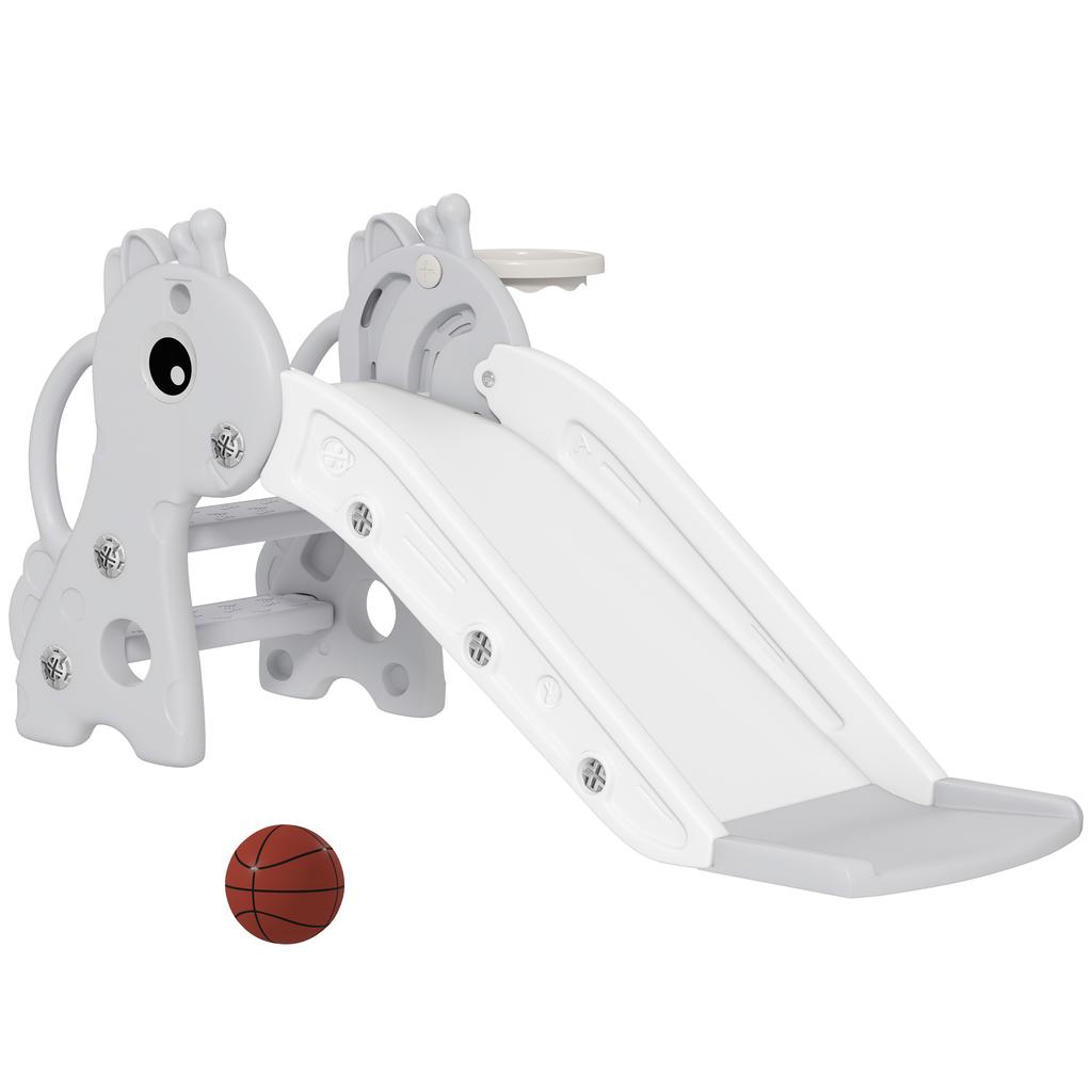 3 in 1 Kids Slide with Climber, Basketball Hoop and Ball, Giraffe Shape Climber Slide for Indoor Kids Age 1-3, Grey