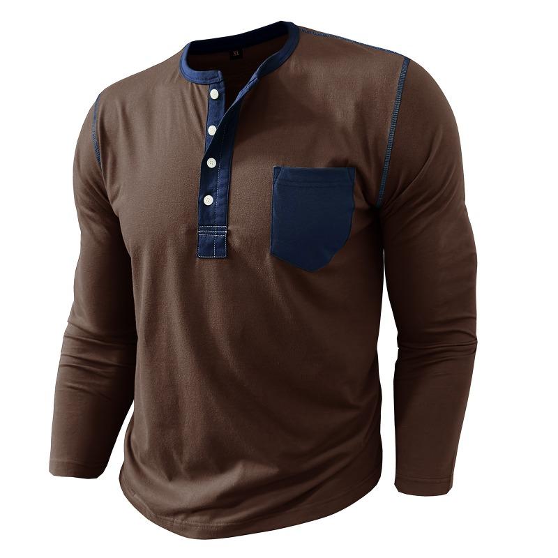 Mens Contrast Color Pocket Long Sleeve Crew Neck Henley Casual T Shirt