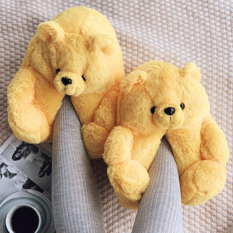

Cute Teddy Bear Plush Winter Slippers wrapped Heel Funny Indoor Floor Shoes Women Gift warm Soft Cartoon Fluffy Animal Slippers 41 жовтий