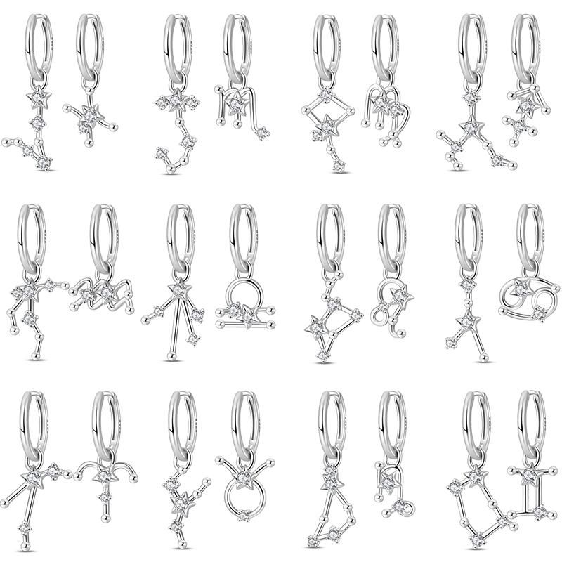 New 925 Silver Hoop Earrings Twelve Constellation Pendant Hoop Earrings For Women Fashion Birthday Jewelry Gift