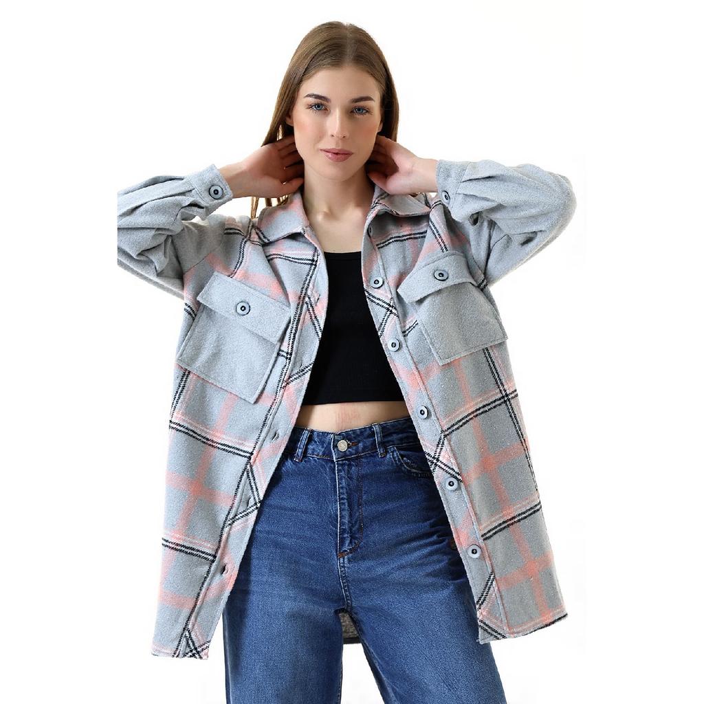 Women's Gray Pink Plaid Oversize Lumberjack Shirt