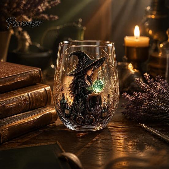 Regalo Stile Fantasy per Amici Tazza in Vetro Strega Magica, Bicchiere Trasparente Tema Retro Halloween, Vetro con Stampa Motivo Unico Decorazione Gotica di Nicchia