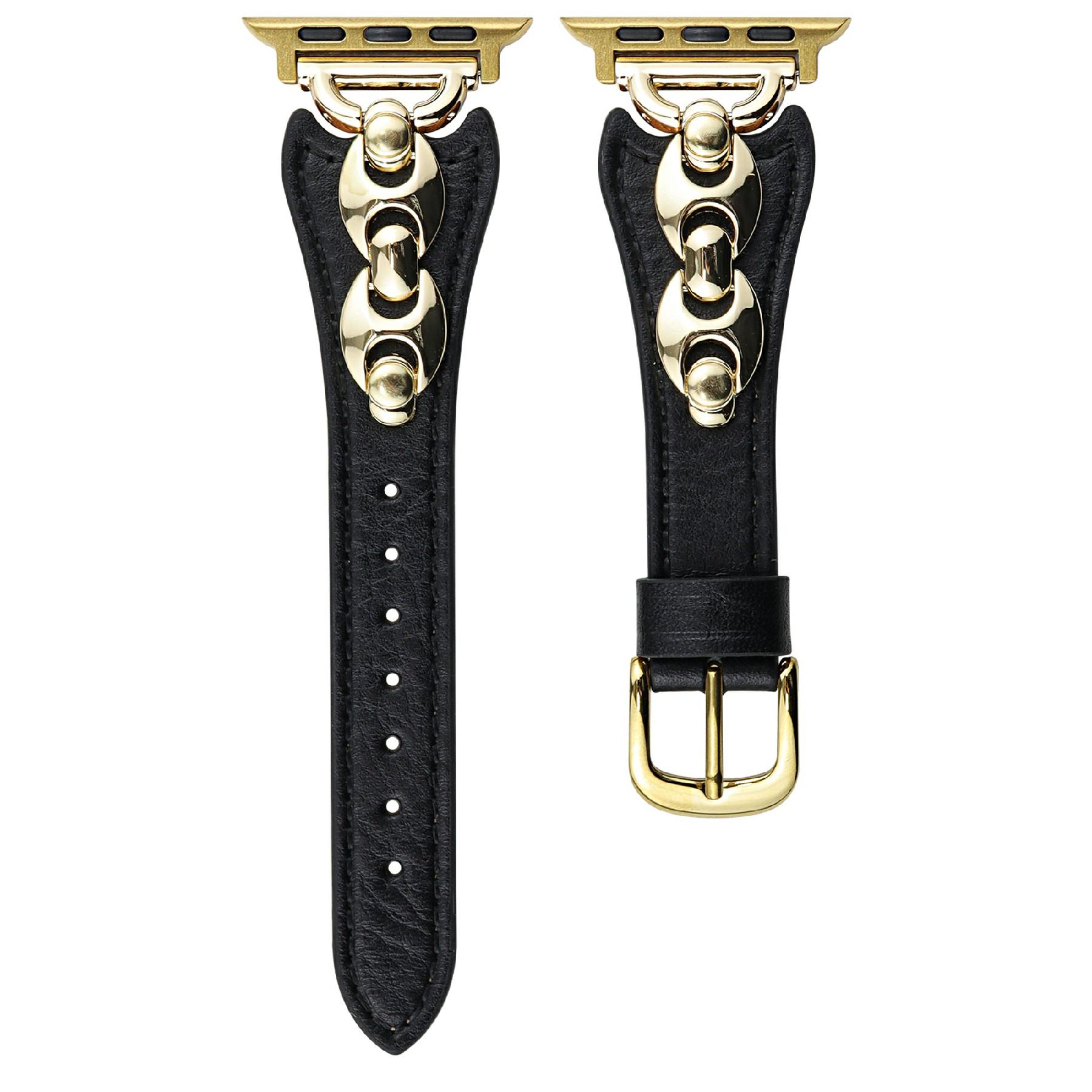 

Ремешок для Apple Watch Series 10 9 8 7 SE 6 5 4 3 2 1 42 мм 41 мм 40 мм 38 мм D-образное металлическое кольцо кожаный ремешок Black/Gold