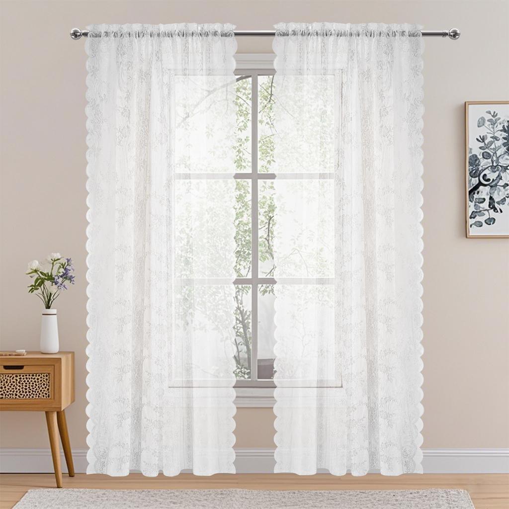 2pc Vintage Floral Embroidery Lace Sheer Clear Curtain White French Door Curtains For Bedroom Kitchen Windows Fine Drapes