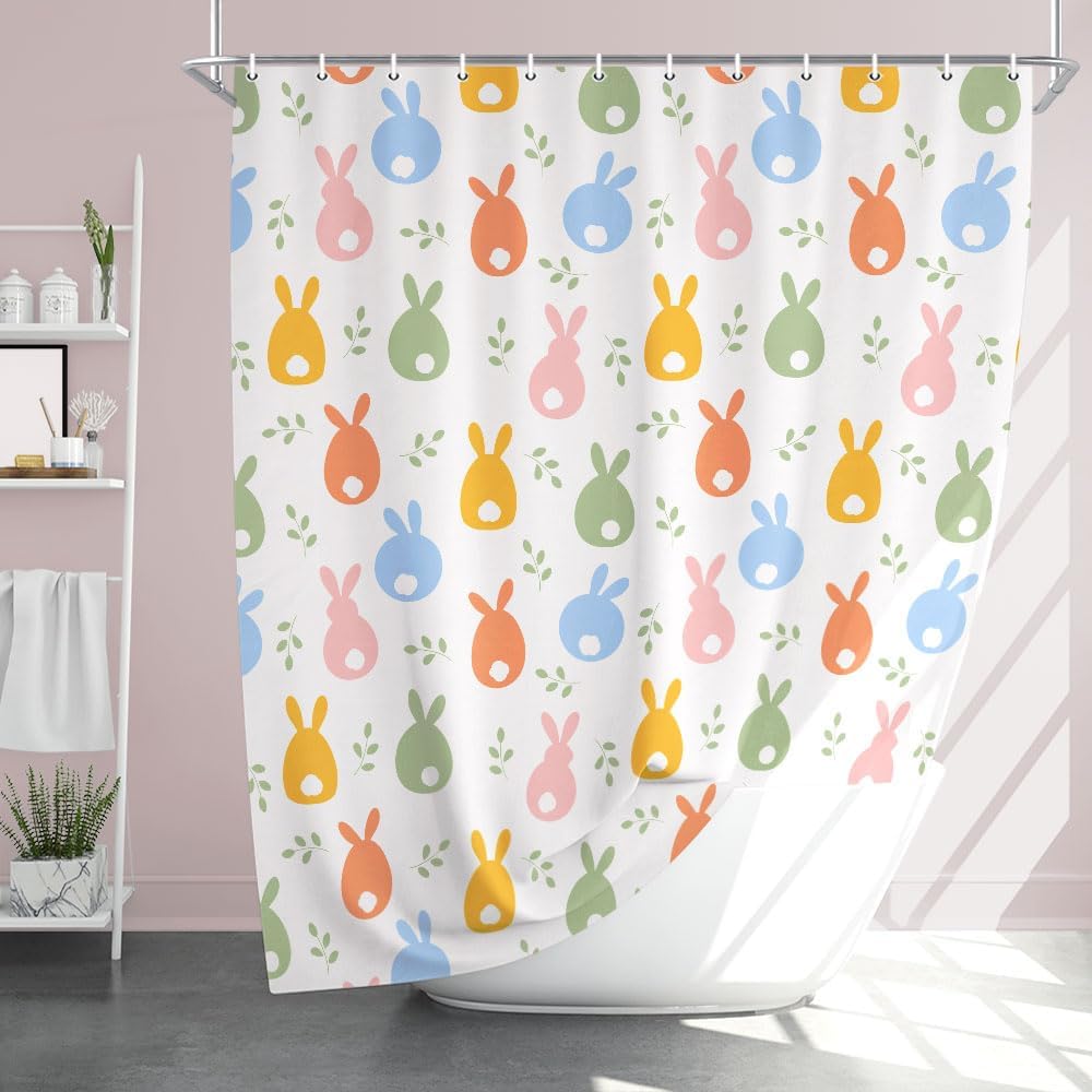 Easter Shower Curtain Happy Easter Cute Rabbit Floral Bathroom Decor Set, Colorful Rainbow Easter Bunny Cloth Fabric Bathroom