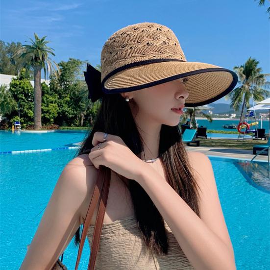 Hollow Out Round Dome Straw Hat Back Bowknot Decor Folding Wide Large Brim Pure Color Beach Hat Fashion Accessories