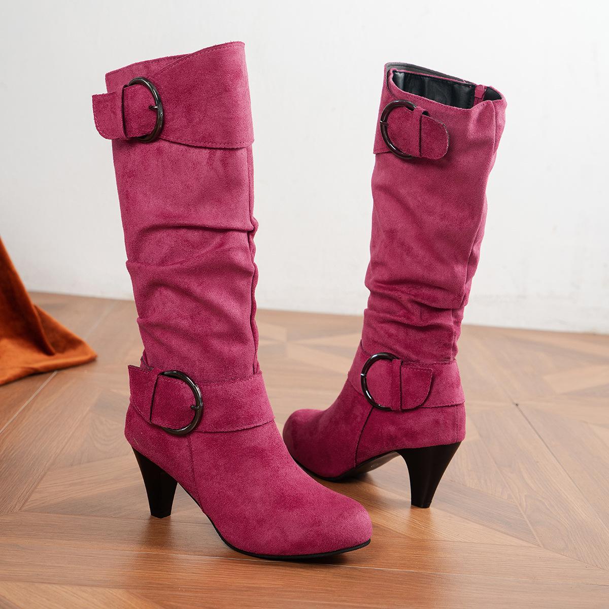 

Импортные большие размеры 2024 осень новые универсальные европейские и американские замшевые высокие каблуки с пряжкой на ремне высокие модные сапоги 36 розы красного