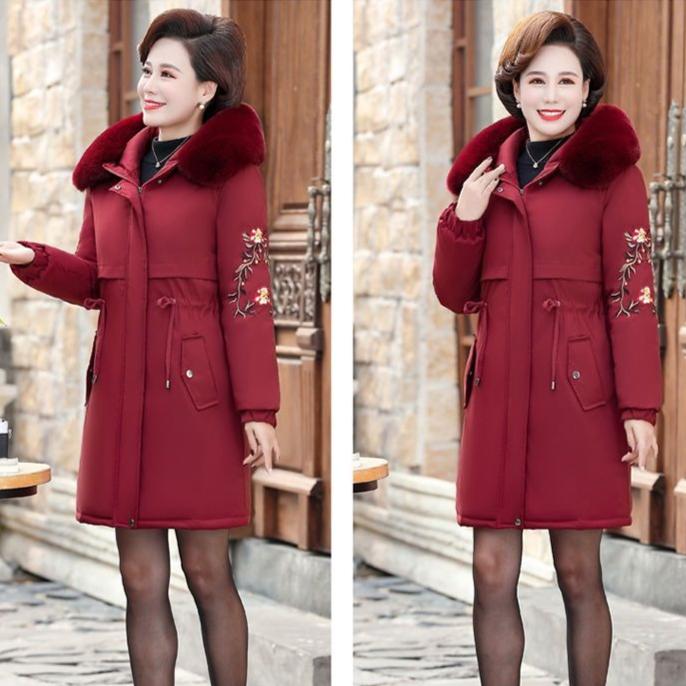 Women's Winter Fleece Padded Jacket Thick Warm Mid-Length Embroidered Hooded Padded Coat