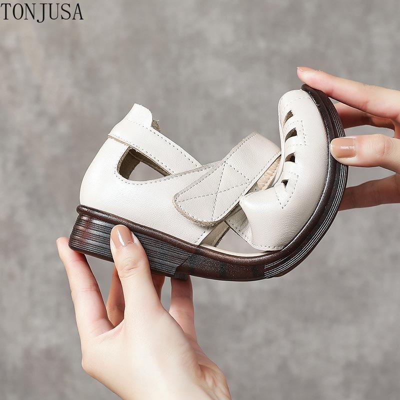 Középkorú Nők Divat Alkalmi Nyári Őszi Lapos Valódi Bőr Kerek Orrú Kivágott Szandál