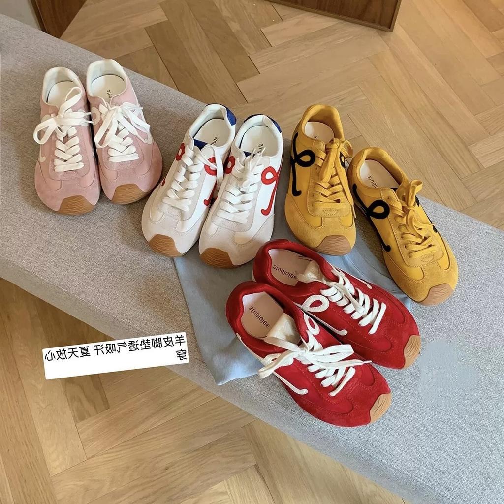 Cowhide Version of Grape Mother, the Same Leather Casual Sports Shoes, Tilted Head Contrasting Color Splicing Lace-up German Training Shoes, Wom