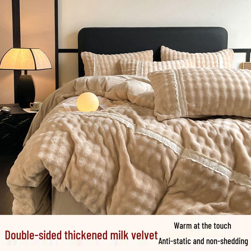

G5Z Winter Thickened Milk Velvet Bedding Set: Double-Sided Fleece with Warm Quilt Cover and Bed Sheet. Milk Velvet Khaki/Double-Sided Velvet