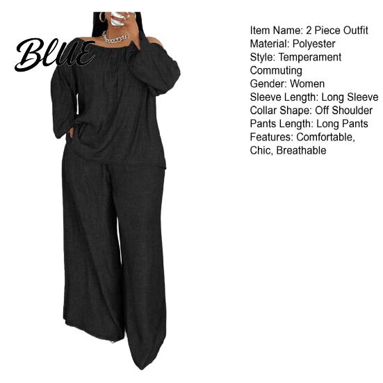 Casual Two-piece Set 2 Piece Outfit for Women Off Shoulder Long Sleeve Top High Waisted Two Wide Leg Pants Plus Size Going Out Lounge Breathable