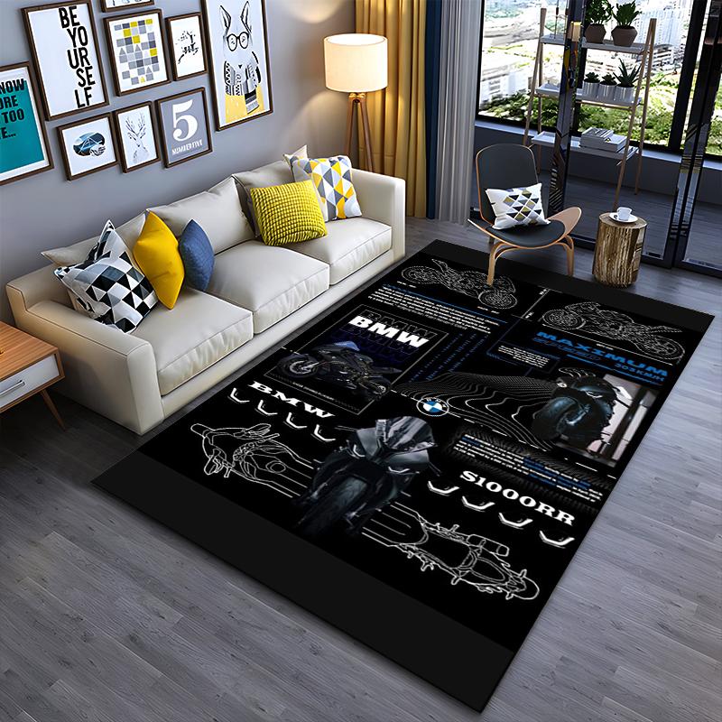 Area Rug, BMW S1000RR Black Blueprint Technical Drawing Infographic Print, Man Cave Decor, Non-Slip Mat