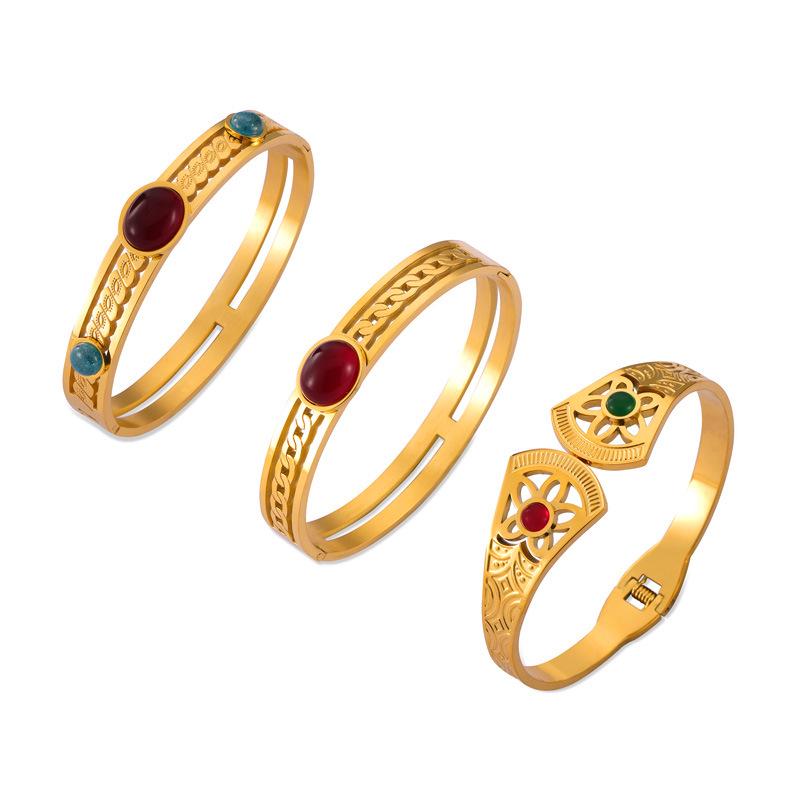 Retro Gold-Plated Titanium Steel Bracelet with Inlaid Natural Stone and Hollow Design for Women