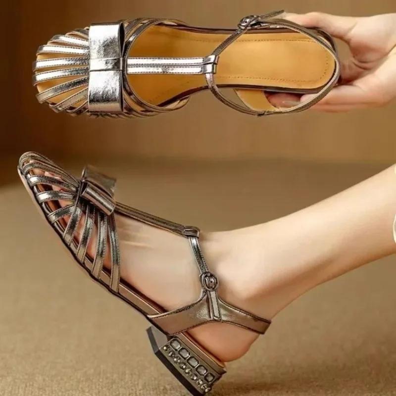 fashion 2024 New Fashion Women's Sandals Buckle Spring and Summer Square Toe Low Heel Big Toe Roman Sandals Zapatos De Mujer Shoes