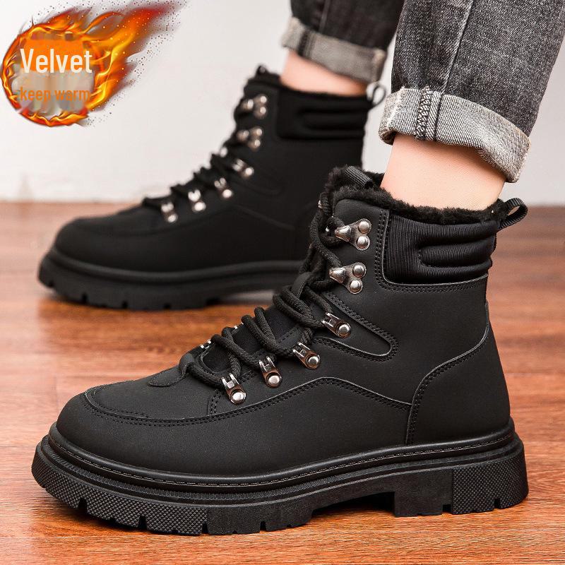Pánské kožené boty s vysokým svrškem a silnou podrážkou - Zimní ležérní martensky s plyšovou podšívkou