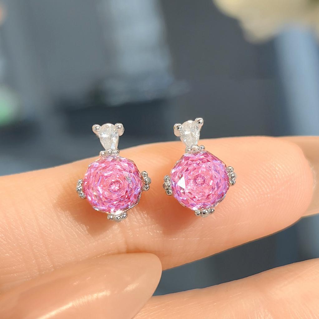 Octagonal Millennium Rose Cut Colorful Pink Diamond Pendant Set High Carbon Diamond Paraiba Ring Earrings