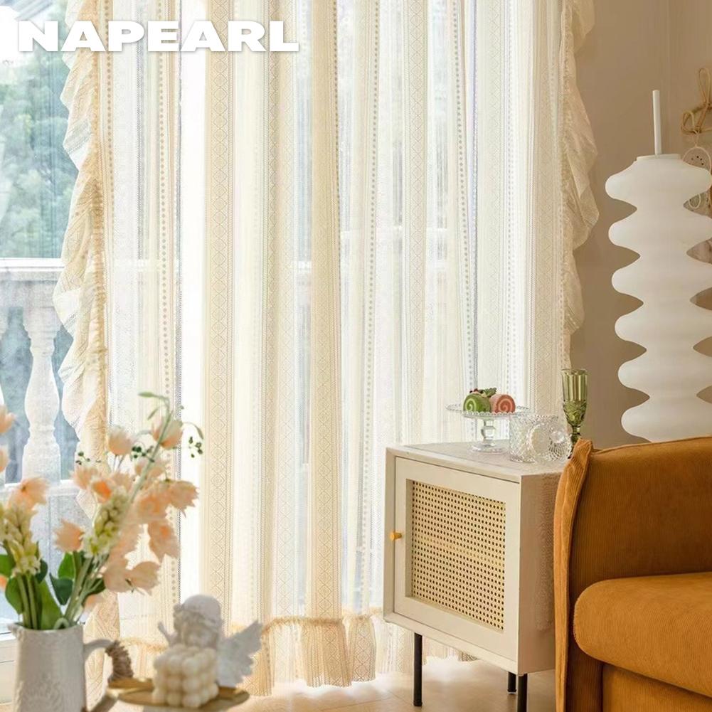 1 Stück NAPEARL Beige Tüll Französisch Retro Jacquard Rüschenkante Transparenter Vorhang für Wohnzimmer Schlafzimmer Balkon Fenster Heimdeko