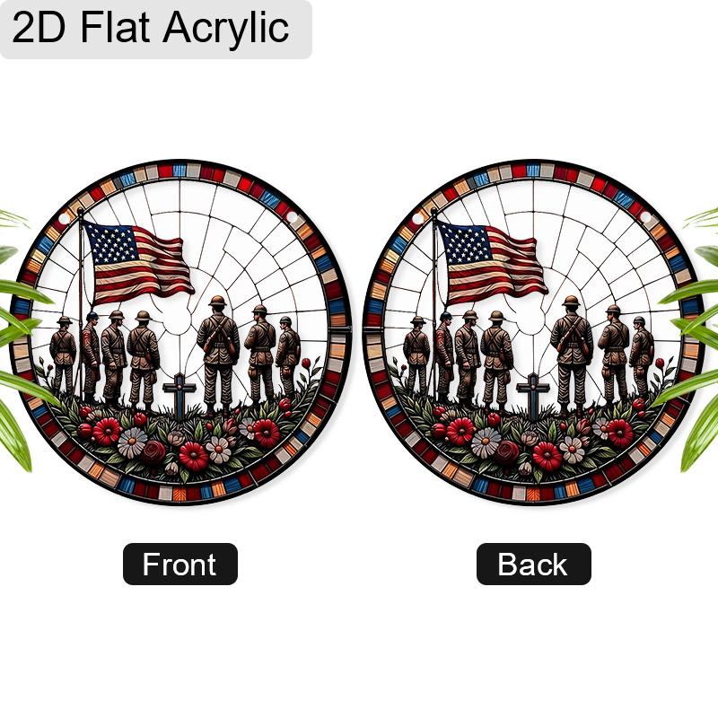 2D Flat Acrylic Memorial Day Suncatcher, 7.87in Round Window Hanging Decor, Soldier Silhouette American Flag Patriotic Ornament