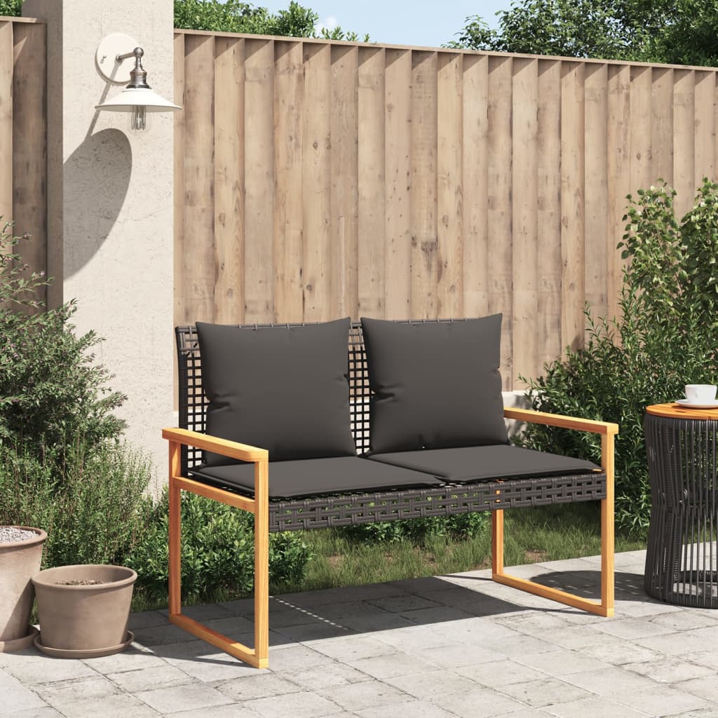 Vidaxl Garden Bench with Cushion, Black, Poly Rattan and Acacia