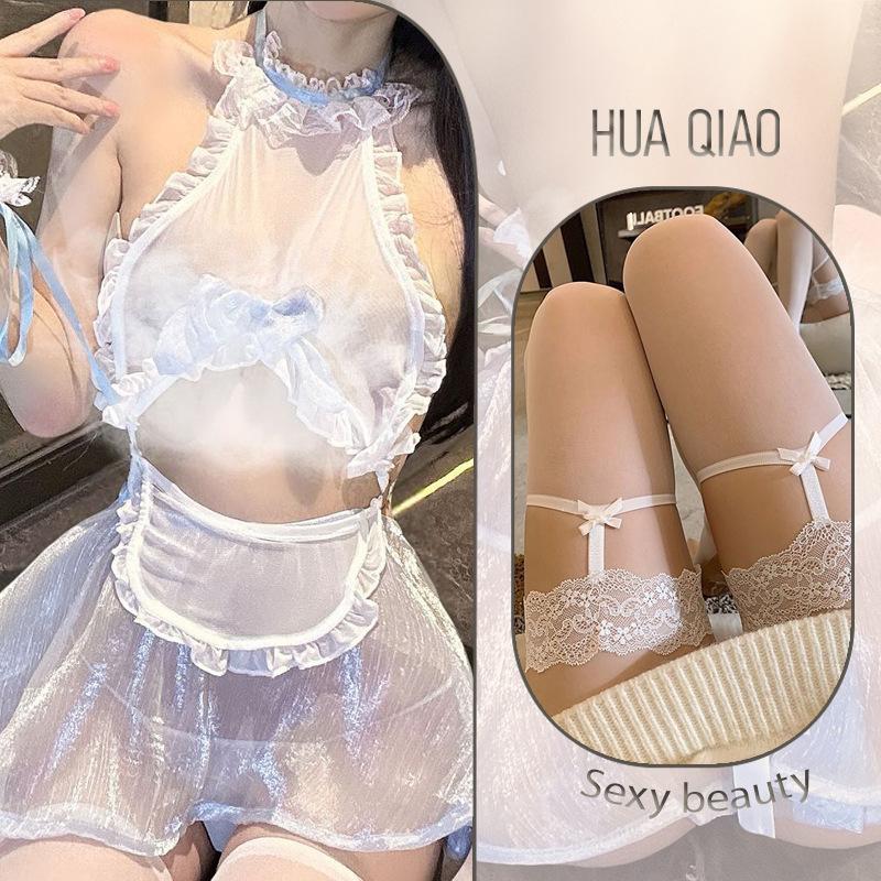 Sexy lingerie sexy maid lace back strap neck thin flash perspective gauze skirt uniform abstinence