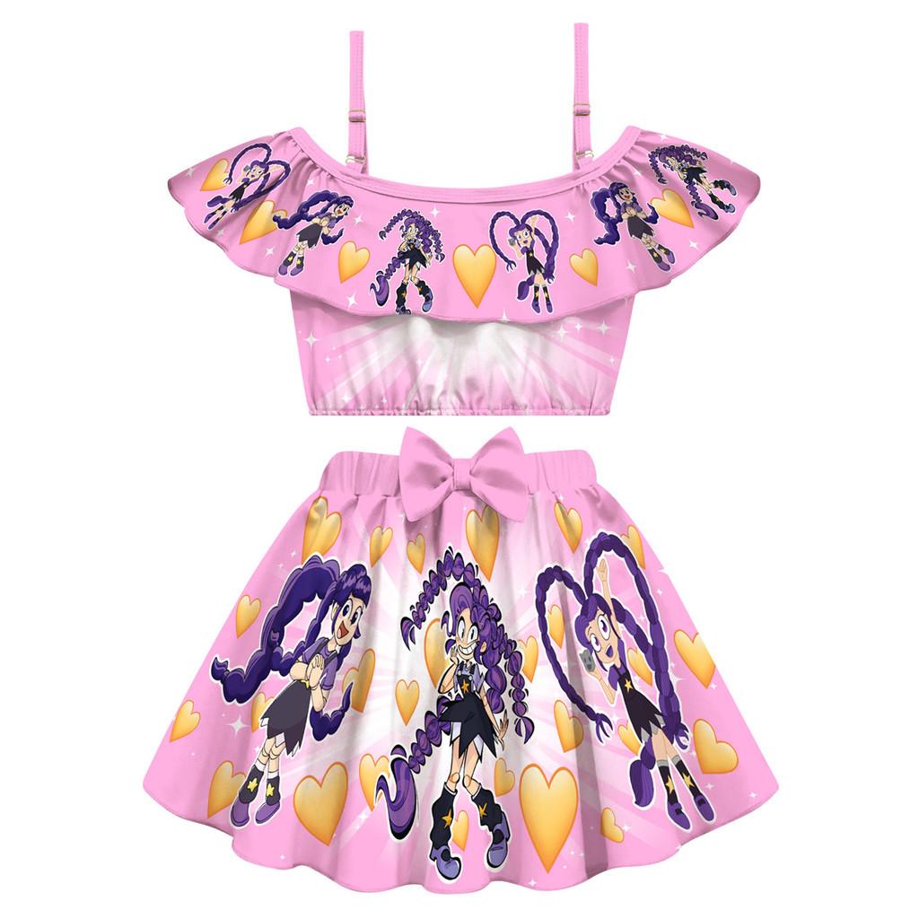 

2pcs Kids Girls Playtime Lily Lovebraids Printed Swimsuit Swimwear Top Skirt Sets 160cm рожевий