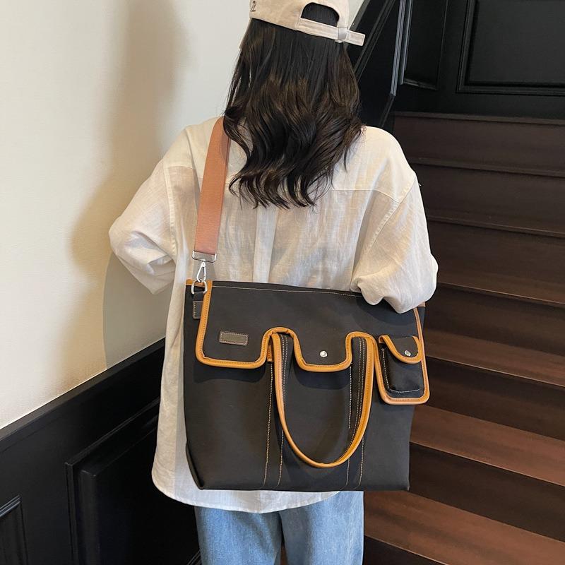 Canvas Bag Female College Student Fashion Contrasting Color Casual Splicing Portable Dual-purpose Class Commuting Shoulder Messenger Bag