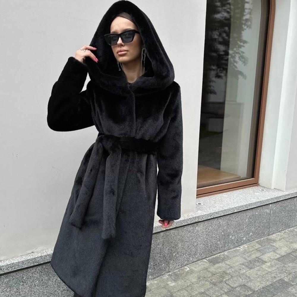Extended Faux Fur Coat Hooded Belt Plush Clothing