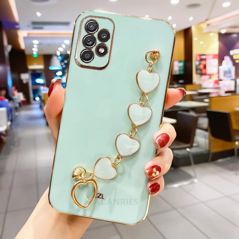Fashion Plating Love Heart Náramek Řetízkové pouzdro pro Samsung Galaxy A53 A33 A73 A23 A13 A32 A52 A52S 4g 5g Band Cover On A 53 52 S