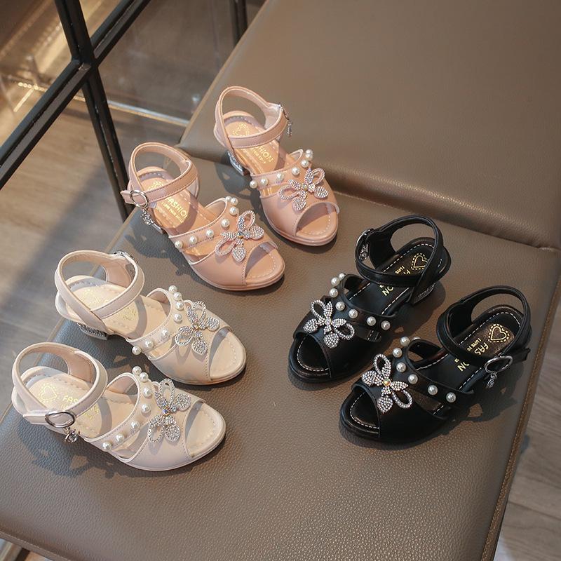 Girls' Pearl Bow High-Heel Sandals - Versatile and Fashionable Princess Shoes for Summer and Dance Performances