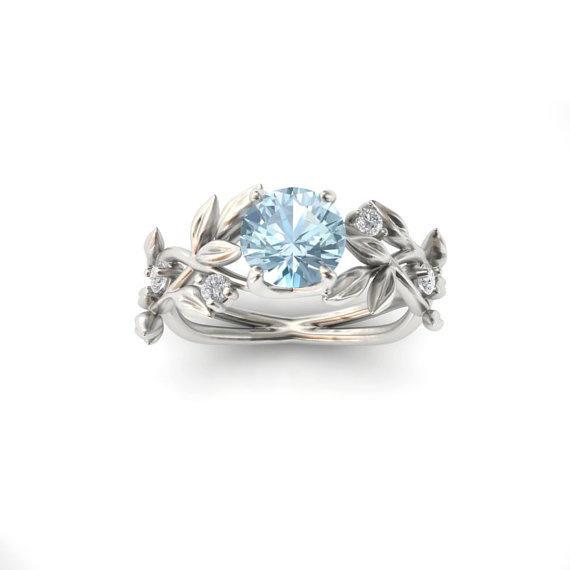 European Princess Olive Leaf Engagement Ring with Blue Zircon and Diamonds